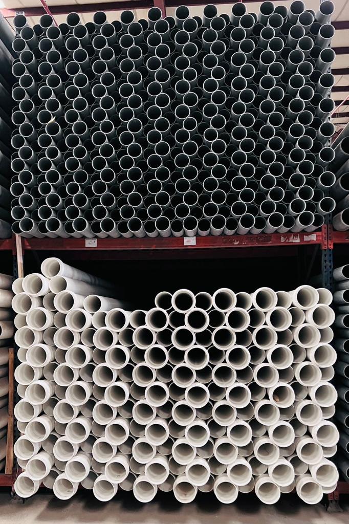 Racks of finished UPVC pipe in the Aqtar Najd warehouse